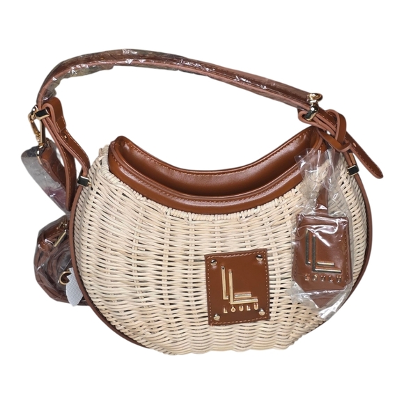 LOULU Woven Rattan Crescent Shoulder Bag NWT Boho Straw Purse Brown Trim - Picture 1 of 7
